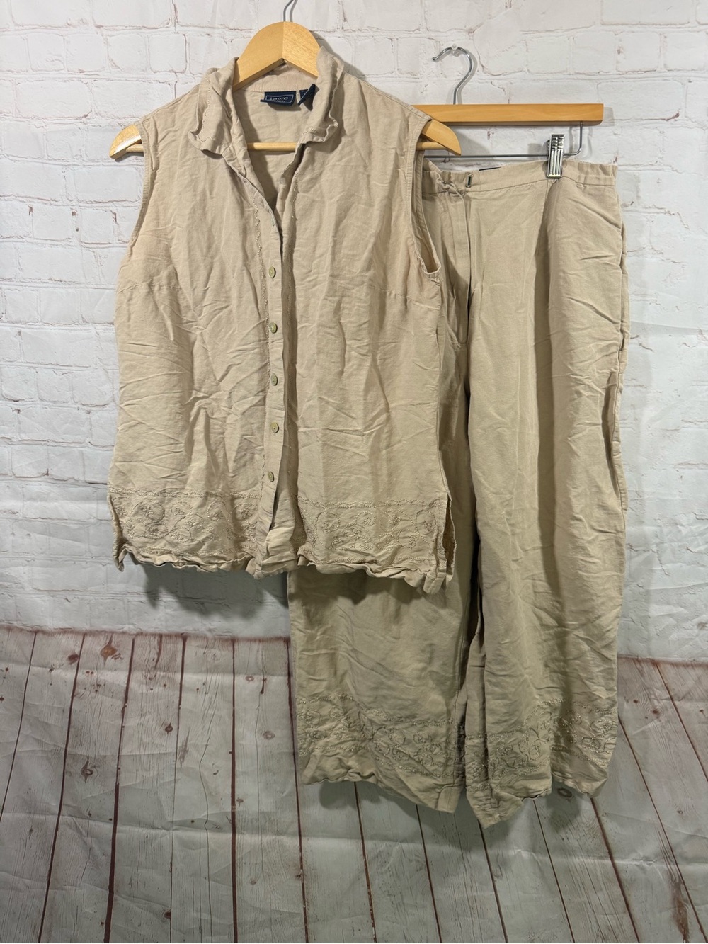 Laura Scott Linen Blend 2 Piece Pants Set Womens Size 14 Beige Cropped Wide Leg